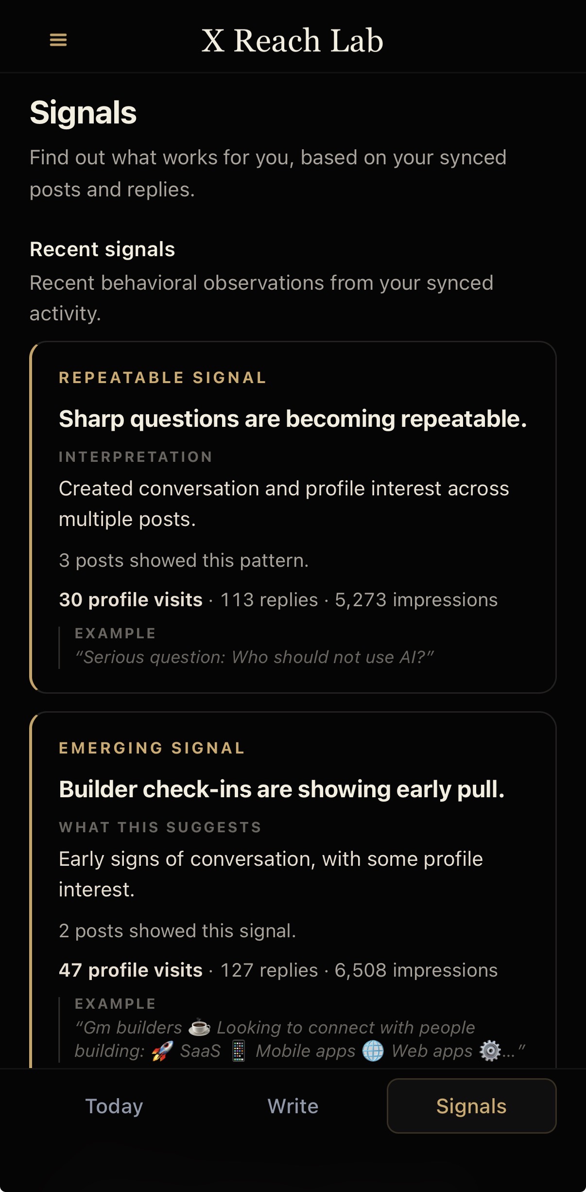 Signals screen showing repeatable and emerging behavior patterns