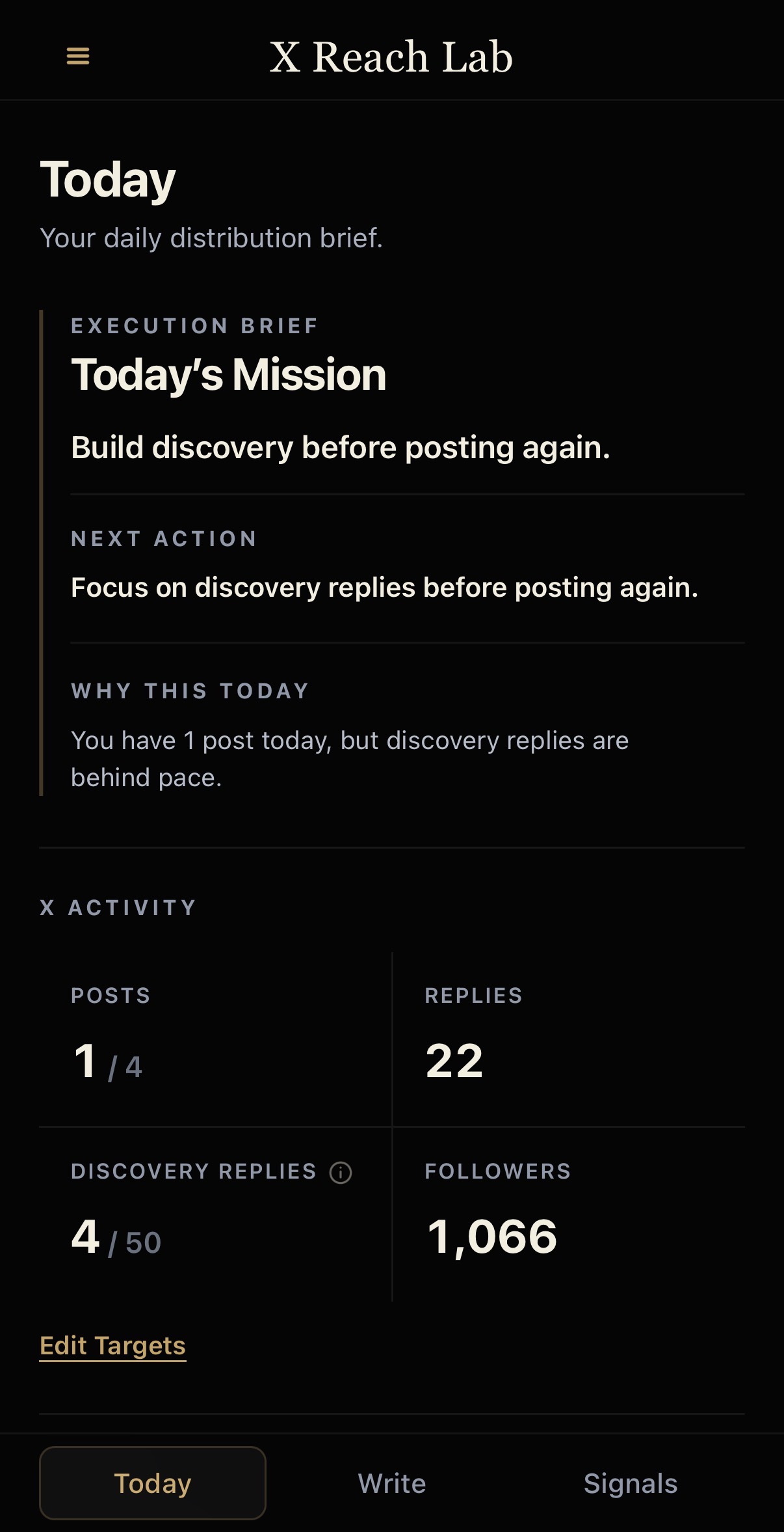 Today screen showing daily mission, next action, and X activity